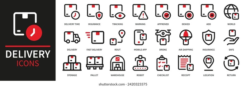 Delivery service icon set. Containing order tracking, delivery home, warehouse, truck, scooter, courier and cargo icons. Shipping symbol. Solid icons vector collection.