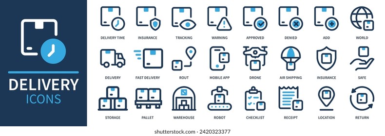 Delivery service icon set. Containing order tracking, delivery home, warehouse, truck, scooter, courier and cargo icons. Shipping symbol. Solid icons vector collection.