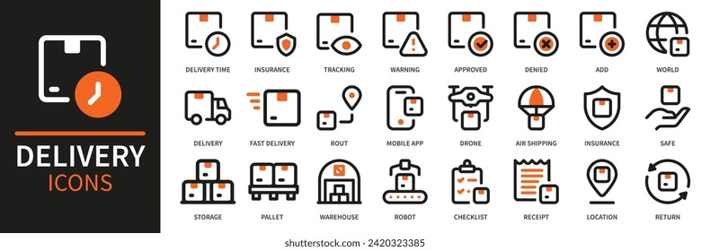 Delivery service icon set. Containing order tracking, delivery home, warehouse, truck, scooter, courier and cargo icons. Shipping symbol. Solid icons vector collection.