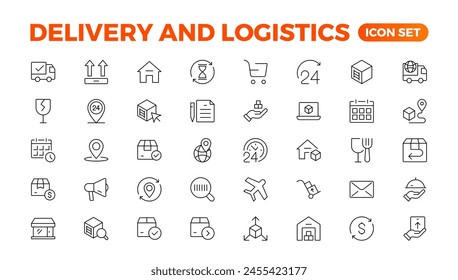 Conjunto de iconos del servicio de entrega. Contiene iconos de seguimiento de pedidos, entrega a domicilio, mensajería y carga. Envío Iconcollection sólido. Web logístico en estilo de línea. Mensajero, envío, icono de entrega exprés.