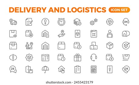 Lieferdienst-Symbolsatz. Enthält Bestellverfolgung, Zustellung nach Hause, Kurier- und Fracht-Icons. Versand Solide iConcollection. Logistik-Web im Linienstil. Kurier, Versand, Express-Lieferung Symbol.
