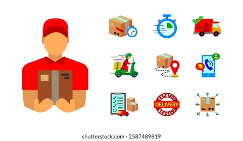 Delivery service icon set. Courier holding package sign. Express shipping and tracking symbol. Scooter, truck, and route illustration. Checklist, phone call, and parcel logistics pictogram.