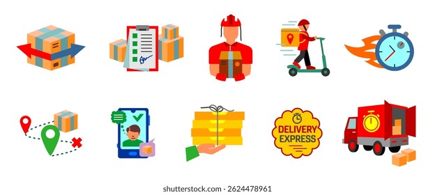 Delivery service icon set. Courier, parcel tracking, express transport, shipping route and logistics colorful elements. Transportation colored symbol. Fast delivery sign. Ecommerce logistics pictogram