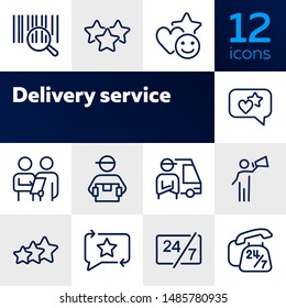 Delivery service icon. Set of line icons on white background. Courier, rating, bar code. Online shopping concept. Vector illustration can be used for topics like shopping, service, business, internet