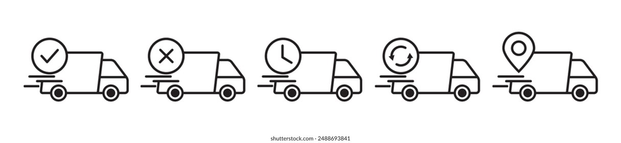 Delivery service icon set in line style. Logistic trucking, Fast shipping truck, delivery 24 hours simple black style symbol sign, Express delivery trucks, vector illustration.