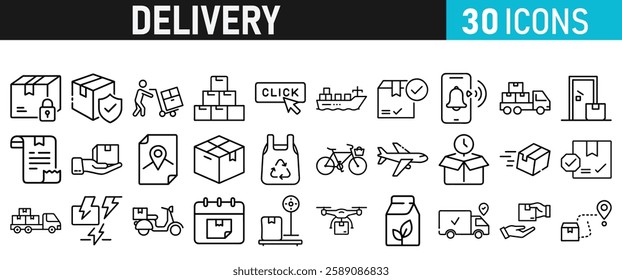 Delivery service icon set. Order tracking, delivery home, warehouse, truck, scooter, courier and cargo icons vector collection 