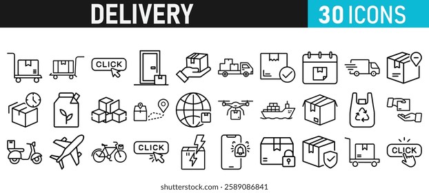 Delivery service icon set. Order tracking, delivery home, warehouse, truck, scooter, courier and cargo icons vector collection 