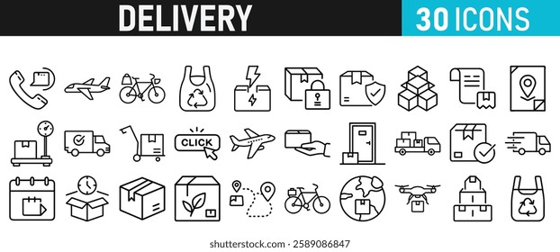 Delivery service icon set. Order tracking, delivery home, warehouse, truck, scooter, courier and cargo icons vector collection 