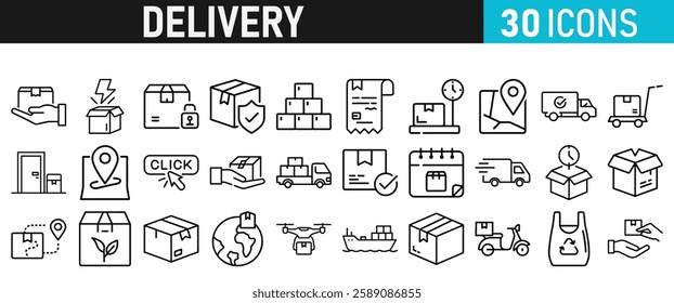 Delivery service icon set. Order tracking, delivery home, warehouse, truck, scooter, courier and cargo icons vector collection 