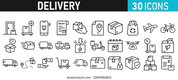 Delivery service icon set. Order tracking, delivery home, warehouse, truck, scooter, courier and cargo icons vector collection 