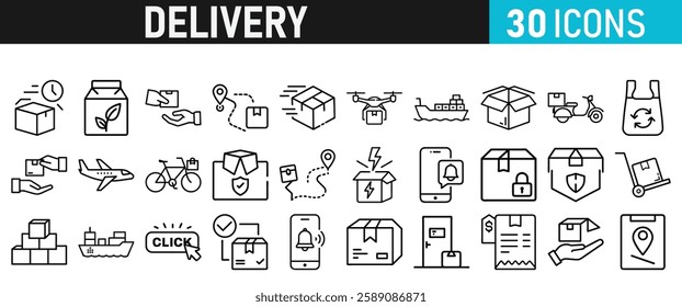 Delivery service icon set. Order tracking, delivery home, warehouse, truck, scooter, courier and cargo icons vector collection 