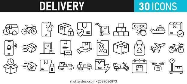 Delivery service icon set. Order tracking, delivery home, warehouse, truck, scooter, courier and cargo icons vector collection 