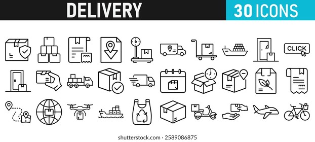 Delivery service icon set. Order tracking, delivery home, warehouse, truck, scooter, courier and cargo icons vector collection 