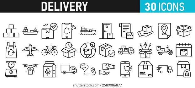 Delivery service icon set. Order tracking, delivery home, warehouse, truck, scooter, courier and cargo icons vector collection 