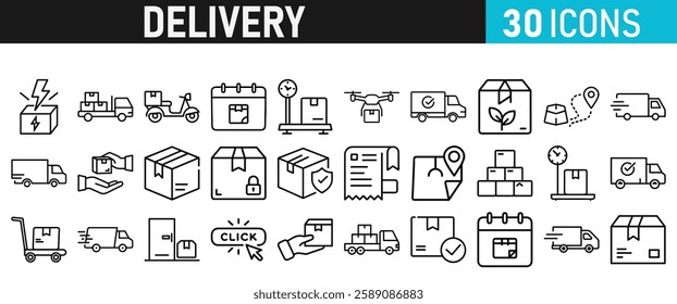 Delivery service icon set. Order tracking, delivery home, warehouse, truck, scooter, courier and cargo icons vector collection 