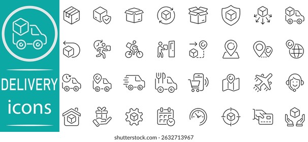 Conjunto de iconos de servicio de entrega. Símbolos de entrega de paquetes, que contienen seguimiento de pedidos, entrega a domicilio, camión, mensajero, caja, entrega a domicilio, icono de camión, ilustración.