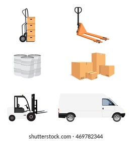 Delivery service icon set. Vector illustration pile of cardboard boxes. Hand truck and loader. Delivery transport mini van. Pallet jack. Barrels