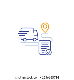 delivery service icon, transport van and destination point, linear vector