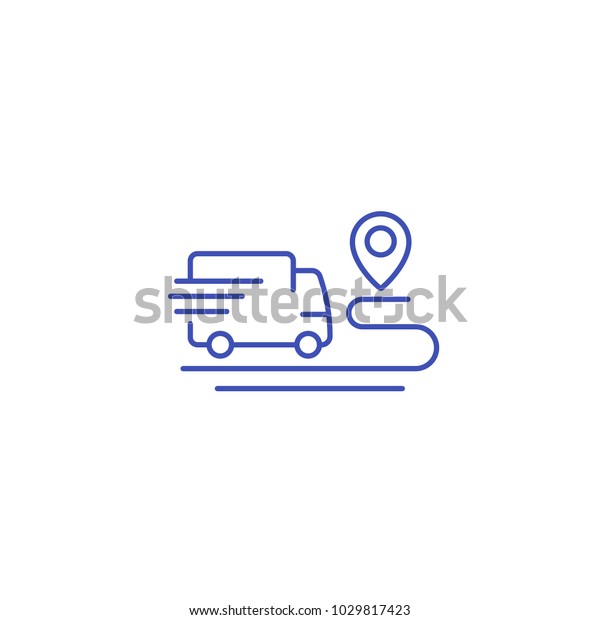 delivery service icon, van and destination point,\
linear style