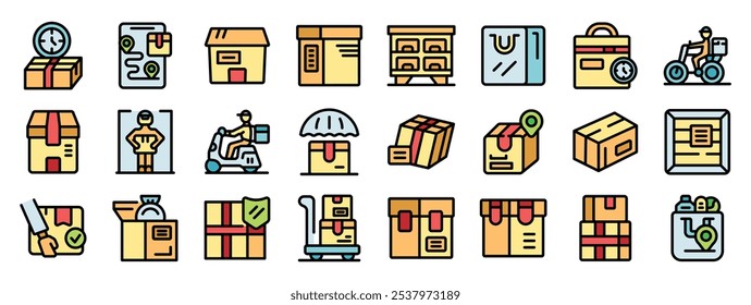 Os ícones do serviço de entrega descrevem a logística, o gerenciamento de encomendas e a manutenção da cadeia de suprimentos, garantindo a entrega eficiente e pontual dos produtos