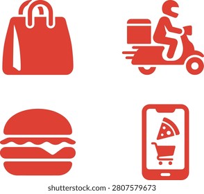 Delivery service icons featuring a bag, scooter rider, burger, and smartphone with pizza