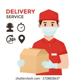 Delivery service icons. Safe goods delivery. Coronavirus protection and prevention. Courier in face medical mask and gloves with boxes in hands. Vector illustration