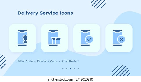 Servicio de entrega Iconos conjuntos con estilo relleno de color azul color azul diseño plano moderno con varias ilustraciones vectoriales de smartphone