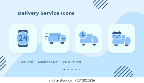 Delivery Service Icons set with filled style duo tone blue color modern flat design vector with various truck model vector illustration