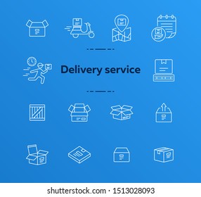 Delivery service icons. Set of line icons. Empty box, courier, delivery calendar. Parcel concept. Vector illustration can be used for topics like logistics, distribution, packing
