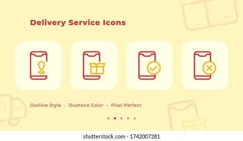 Servicio de entrega Iconos establecidos con estilo de contorno color de dos tonos moderno plano con varios vectores de diseño de smartphone