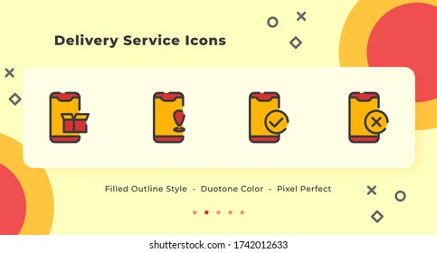 Iconos del servicio de entrega establecidos con un estilo de contorno color amarillo diseño plano moderno con varias ilustraciones vectoriales de teléfono inteligente
