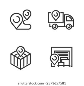 Delivery service icons set - parcel tracking. location pin, cargo truck, post box and warehouse. Pictograms in bold line