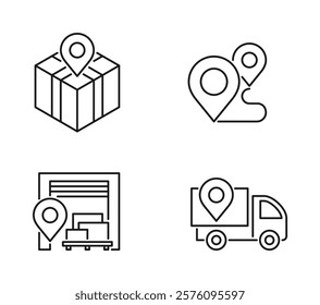 Delivery service icons set - parcel tracking. location pin, cargo truck, post box and warehouse. Pictograms in thin line - Powered by Shutterstock - Get 15% off with code: PIKWIZARD15
