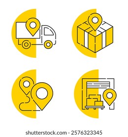 Delivery service icons set - parcel tracking. location pin, cargo truck, post box and warehouse. Pictograms in thin line with yellow fill