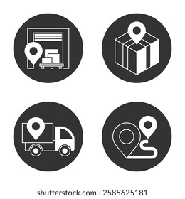 Delivery service icons set - parcel tracking. location pin, cargo truck, post box and warehouse. Pictograms in monochrome style and circular shape