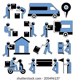 delivery service icons, shipping service people set