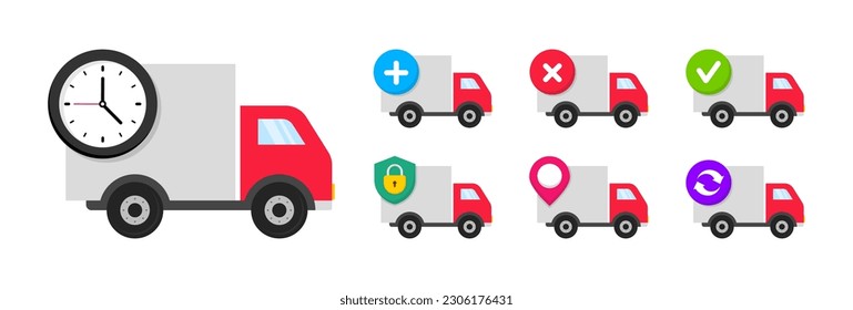 Delivery service icons. Delivery truck. Logistics delivery flat icons set. Express delivery. Fast shipping. Shipment of goods, tracking, security, return, approved and rejected parcel.