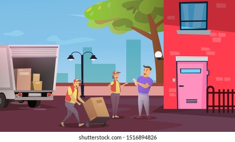Delivery service illustration concept with cityscape and logistics shipping with courier box car