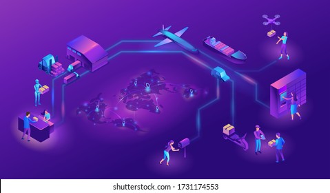 Delivery service illustration with a process of delivering parcel, warehouse with trucks and boxes, shipment by car, maritime transport, people receive goods by courier, by drone, in packstation