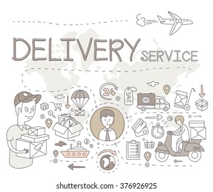 Delivery Service Infographics. Hand drawn Vector Illustration Doodle style concept. Modern line design for web banners, hero images, printed materials