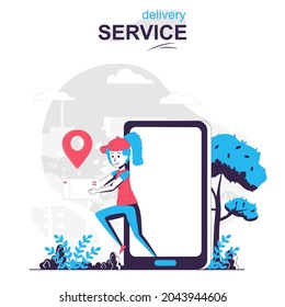 Delivery service isolated cartoon concept. Woman courier holding parcel and carries to client people scene in flat design. Vector illustration for blogging, website, mobile app, promotional materials.
