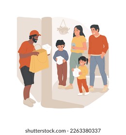 Delivery service isolated cartoon vector illustration. Courier gives a bag with food, father pays for delivery service, restaurant meal at home, online food order vector cartoon.