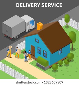 Delivery service isometric background with group of couriers unloading purchases to customers home vector illustration