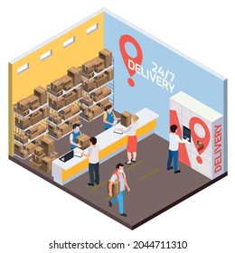 Delivery service isometric composition with indoor view of pickup point with shelves reception counter and people vector illustration