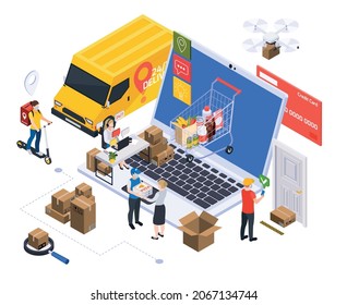 Delivery service isometric composition with laptop surrounded by parcel boxes shipping company employees and cargo vehicles vector illustration