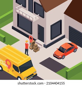 Delivery service isometric composition with outdoor view of house with yellow van and courier with parcels vector illustration