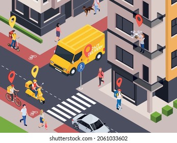 Delivery service isometric composition with view of city street with location signs above couriers and clients vector illustration