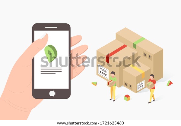 Delivery service isometric concept. Hand\
hold smartphone with gps app on the screen with a mark. Couriers\
hold parcels and stand near large boxes. Trendy flat 3d isometric\
style. Vector\
illustration.
