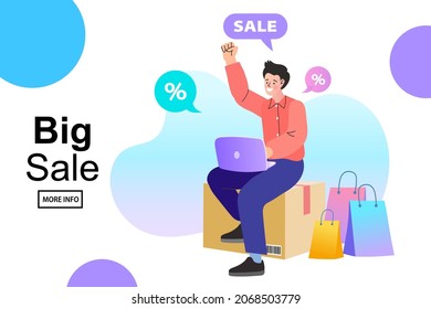 Delivery service isometric concept. man check order from laptop. Freelance man seller check product order. Online Selling. Online Shopping. Modern shopper, fashion boutique customer. Vector.