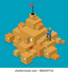 Delivery service isometric concept with man walking on cartons to goal on blue background vector illustration